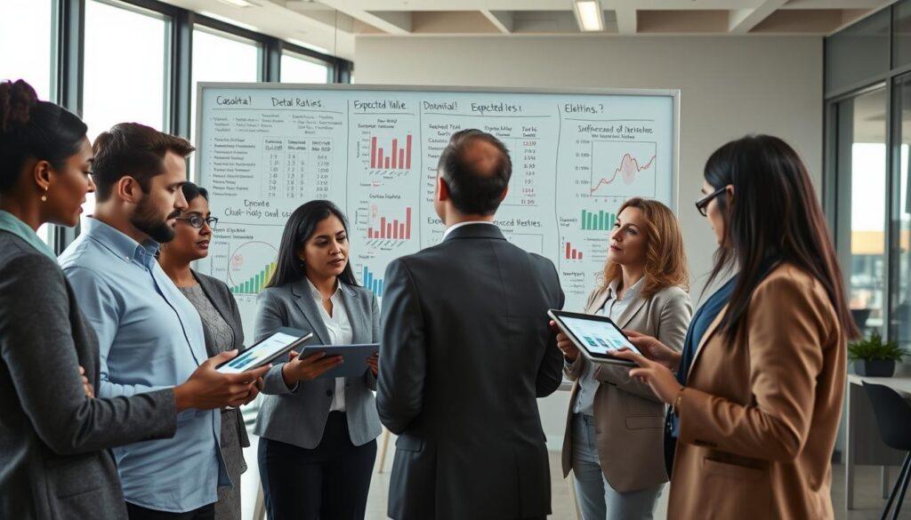 A professional business setting illustrating the concept of causal inference and Difference-in-Differences (DiD) effects. In the foreground, a diverse group of business professionals in modest casual clothing and professional attire are deeply engaged in discussion, analyzing charts and graphs displayed on digital tablets. The middle layer features a large, interactive whiteboard filled with colorful data visualizations, including odds ratios and expected value calculations, while annotations emphasize key points. In the background, a modern office with large windows lets in natural light, casting a warm glow over the scene. The atmosphere is focused and collaborative, evoking a sense of urgency and discovery in data analysis. The angle is slightly elevated, capturing the entire room's dynamic interaction with clear, sharp details, and a professional, inspiring mood.