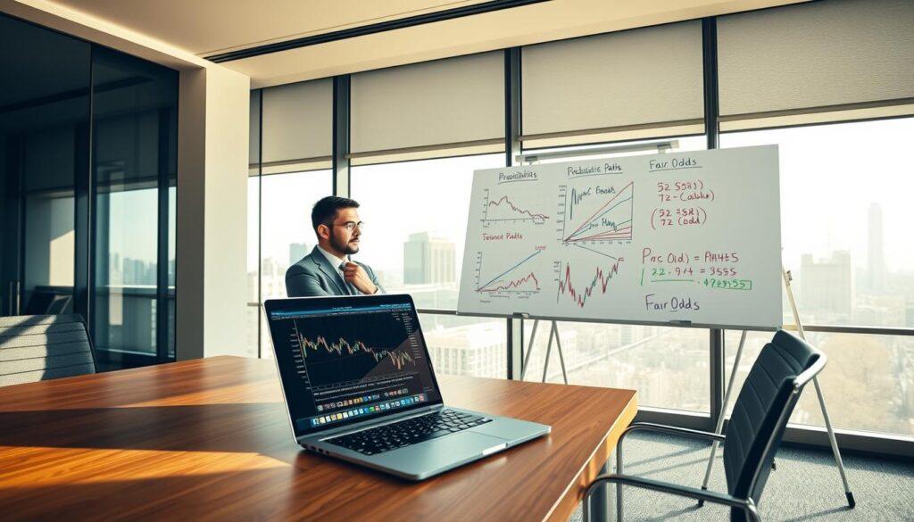 A sophisticated financial workspace illustrating the concept of "Convert Paths to Fair Odds in Futures Pricing." In the foreground, a sleek wooden desk displays a laptop with complex graphs and charts, showcasing futures pricing data. A businessman in smart casual attire studies the screen, deep in thought. In the middle ground, an elegant whiteboard features diagrams illustrating probabilistic paths and fair odds calculations, with colorful markers and annotations. The background reveals a panoramic window with a city skyline, illuminated by midday sunlight, enhancing a professional atmosphere. The lighting is bright but soft, creating a productive and inspiring ambiance, while a slight angle captures both the desk and the view outside, emphasizing a blend of analysis and ambition.