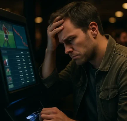Analyst reviewing sports betting revenue charts on a laptop with market notes nearby