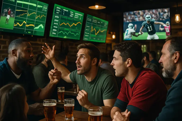 Trading-style contract chart beside a sportsbook market board