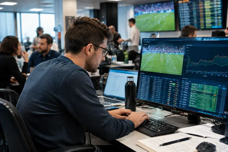 Calendar beside betting-market charts used for monthly revenue tracking