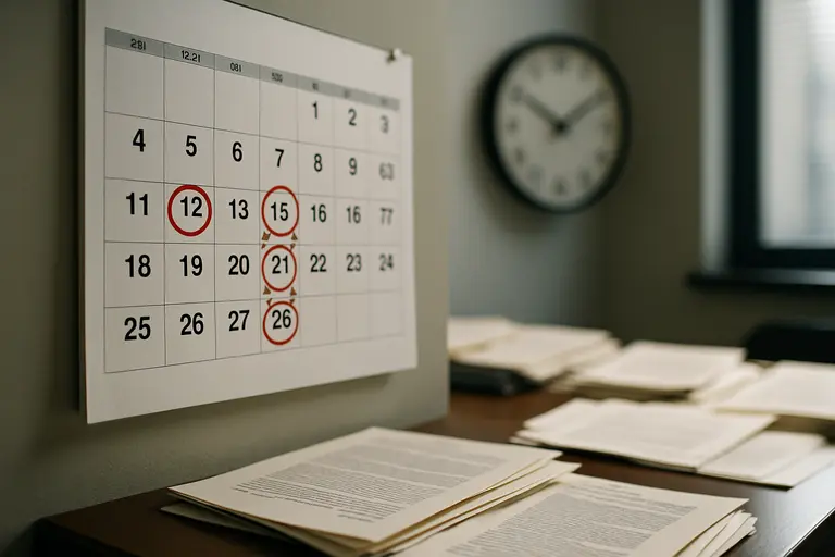Calendar with court filing dates beside regulatory papers and a laptop