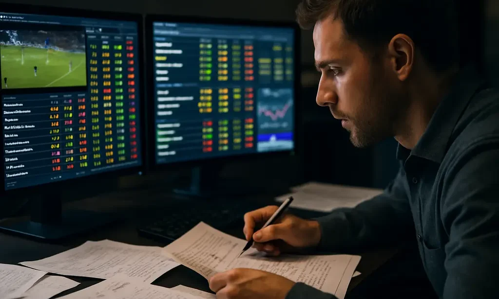 Moneyline Pricing comparison on trading screens beside a sportsbook odds board